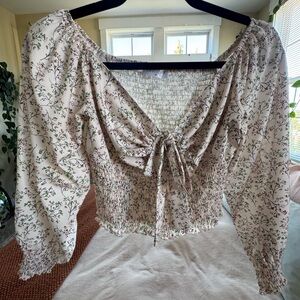 Vestique Cream Floral Blouse with Tie-Front